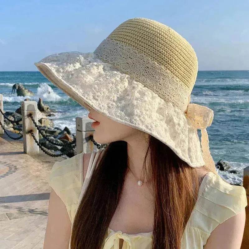 Lace Bow Straw Fisherman Hat Summer Outdoor Sunhat With Large Brim Anti-UV Sunshade And Face Protection Hat - Velora