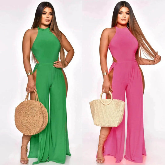 Lace-up Back Jumpsuit Split Leg Casual Trousers Women - Velora