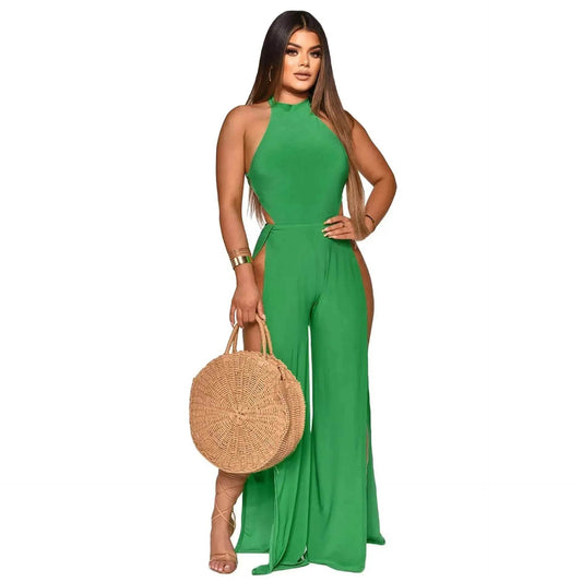 Lace-up Back Jumpsuit Split Leg Casual Trousers Women - Velora