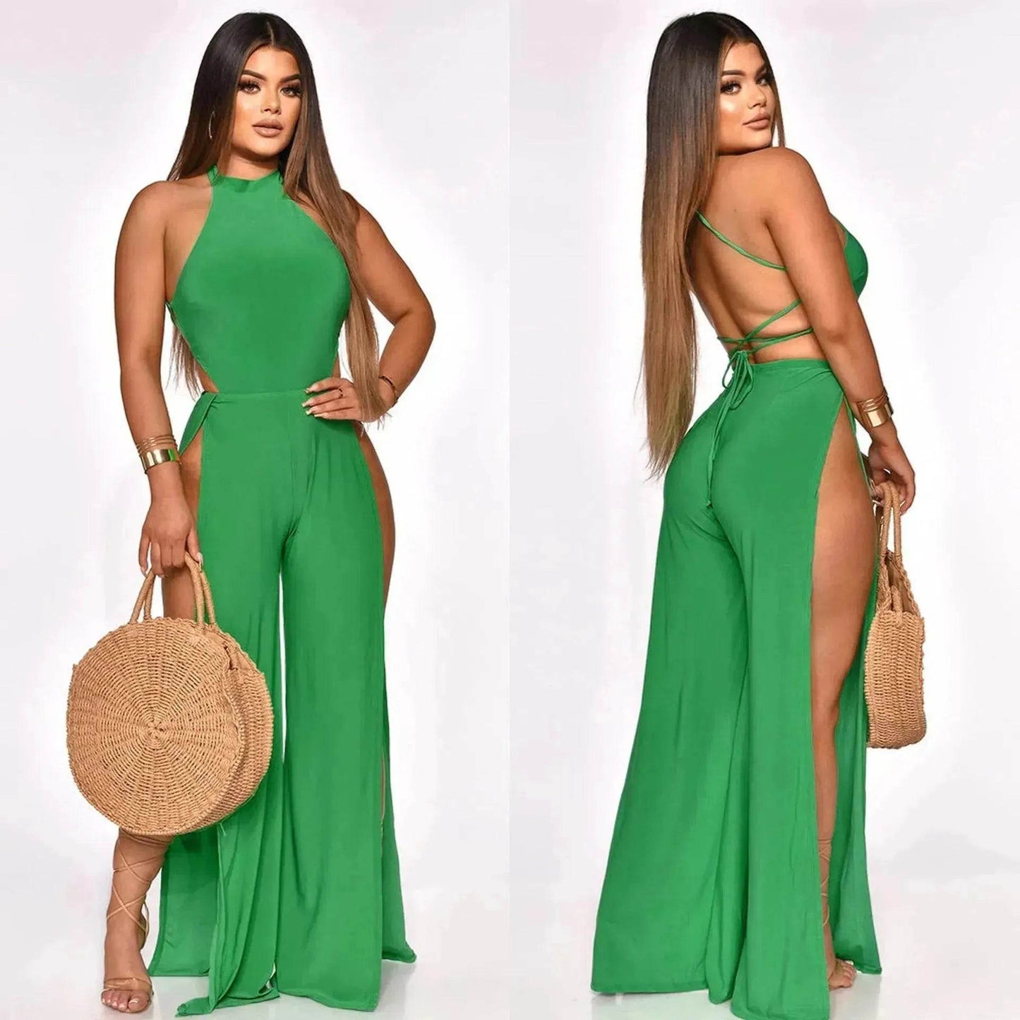 Lace-up Back Jumpsuit Split Leg Casual Trousers Women - Velora