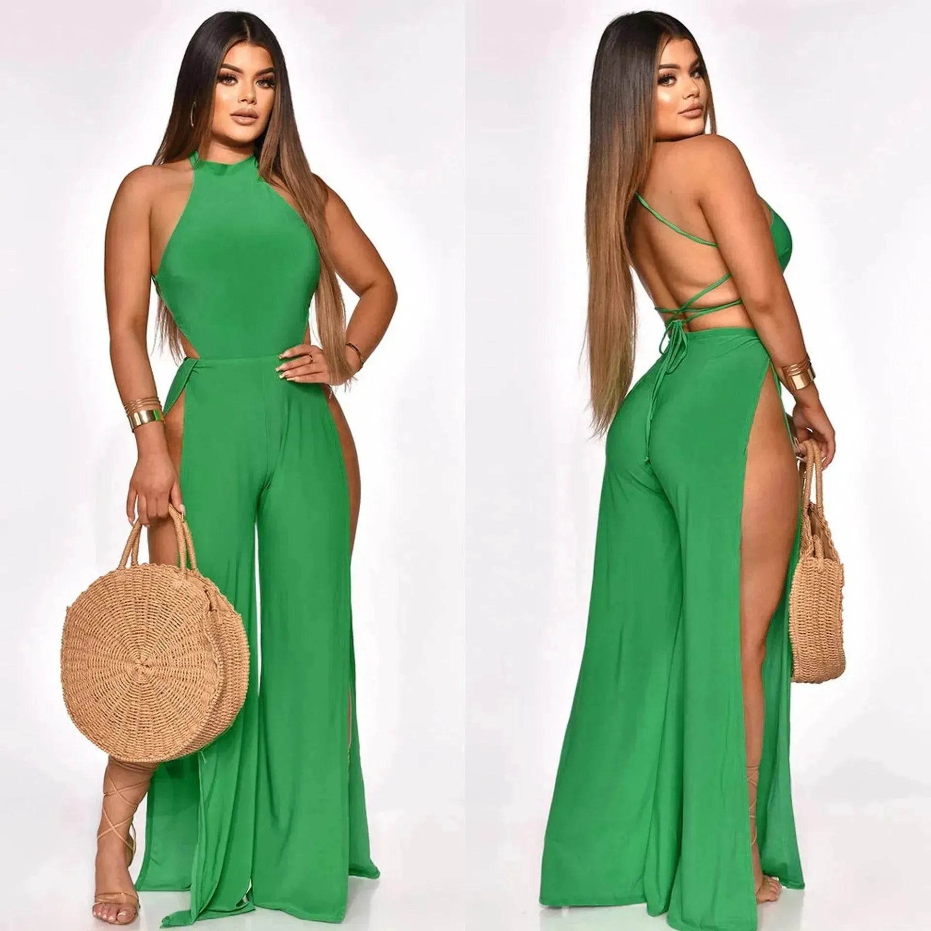 Lace-up Back Jumpsuit Split Leg Casual Trousers Women - Velora