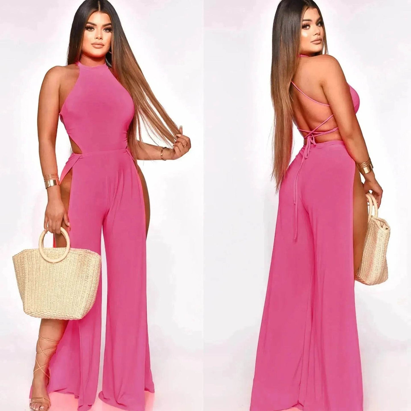 Lace-up Back Jumpsuit Split Leg Casual Trousers Women - Velora