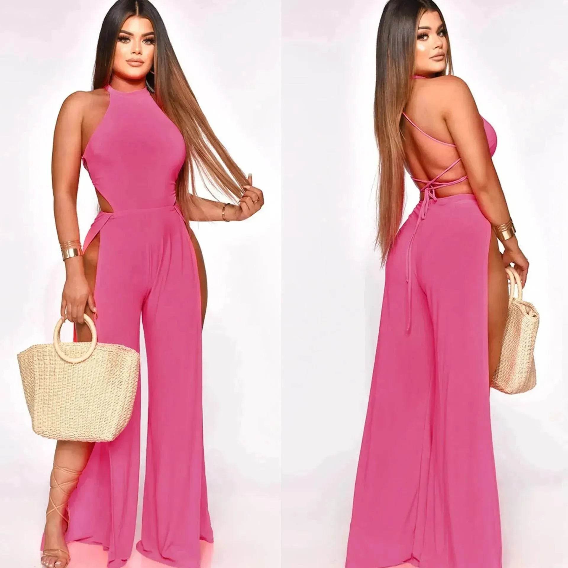 Lace-up Back Jumpsuit Split Leg Casual Trousers Women - Velora