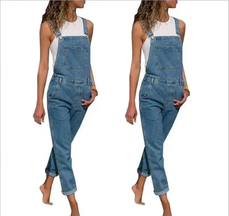 Ladies' Long Blue Denim Jeans Romper Jumpsuit With Straps - Velora