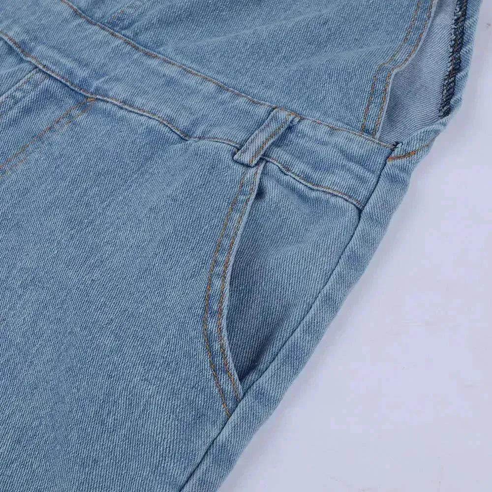 Ladies' Long Blue Denim Jeans Romper Jumpsuit With Straps - Velora