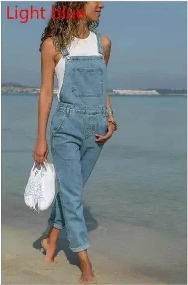 Ladies' Long Blue Denim Jeans Romper Jumpsuit With Straps - Velora