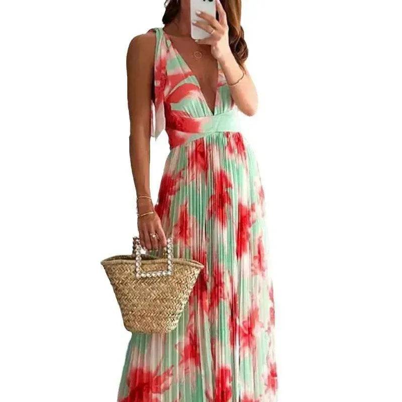 Lady Charming Backless Print Pleated Dress - Velora