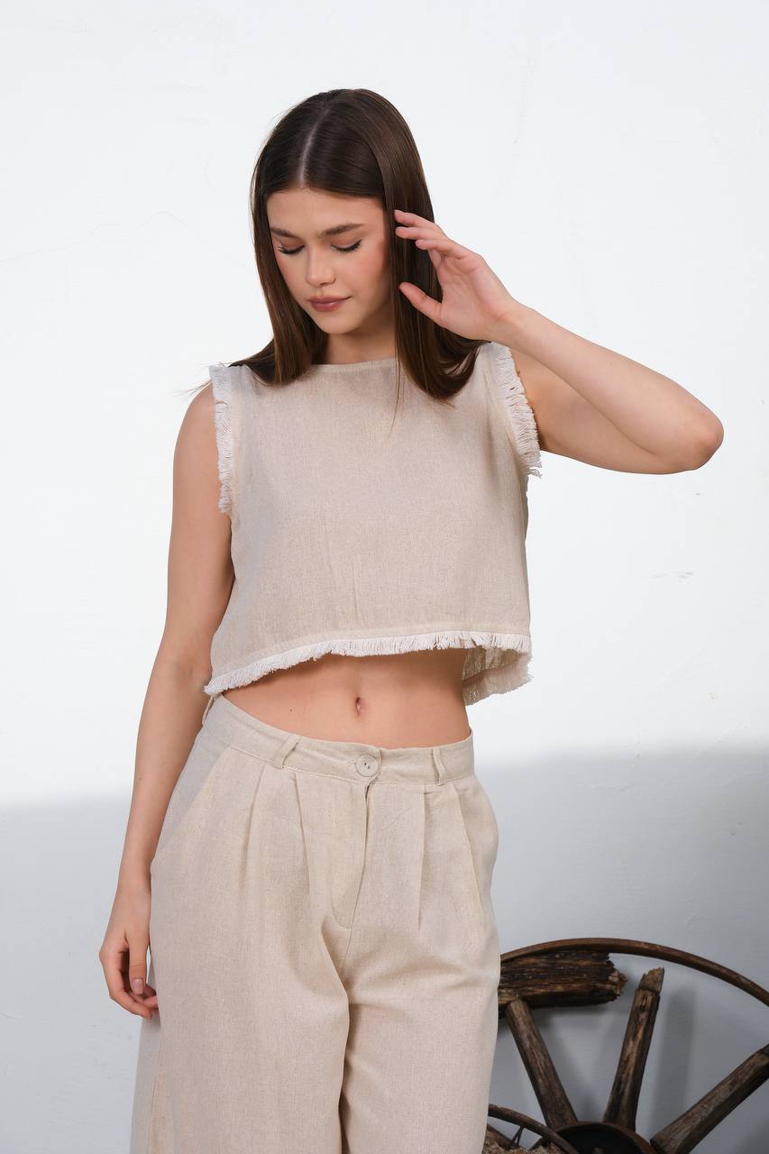 Linen Pantalone Crop-Top Set Astudio.fashion