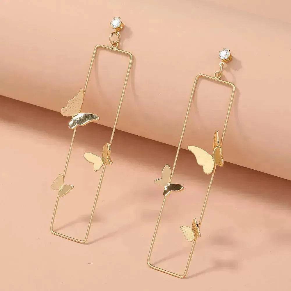 Long Geometric Metal Pop-up Butterfly Stud Drop Earrings - Velora