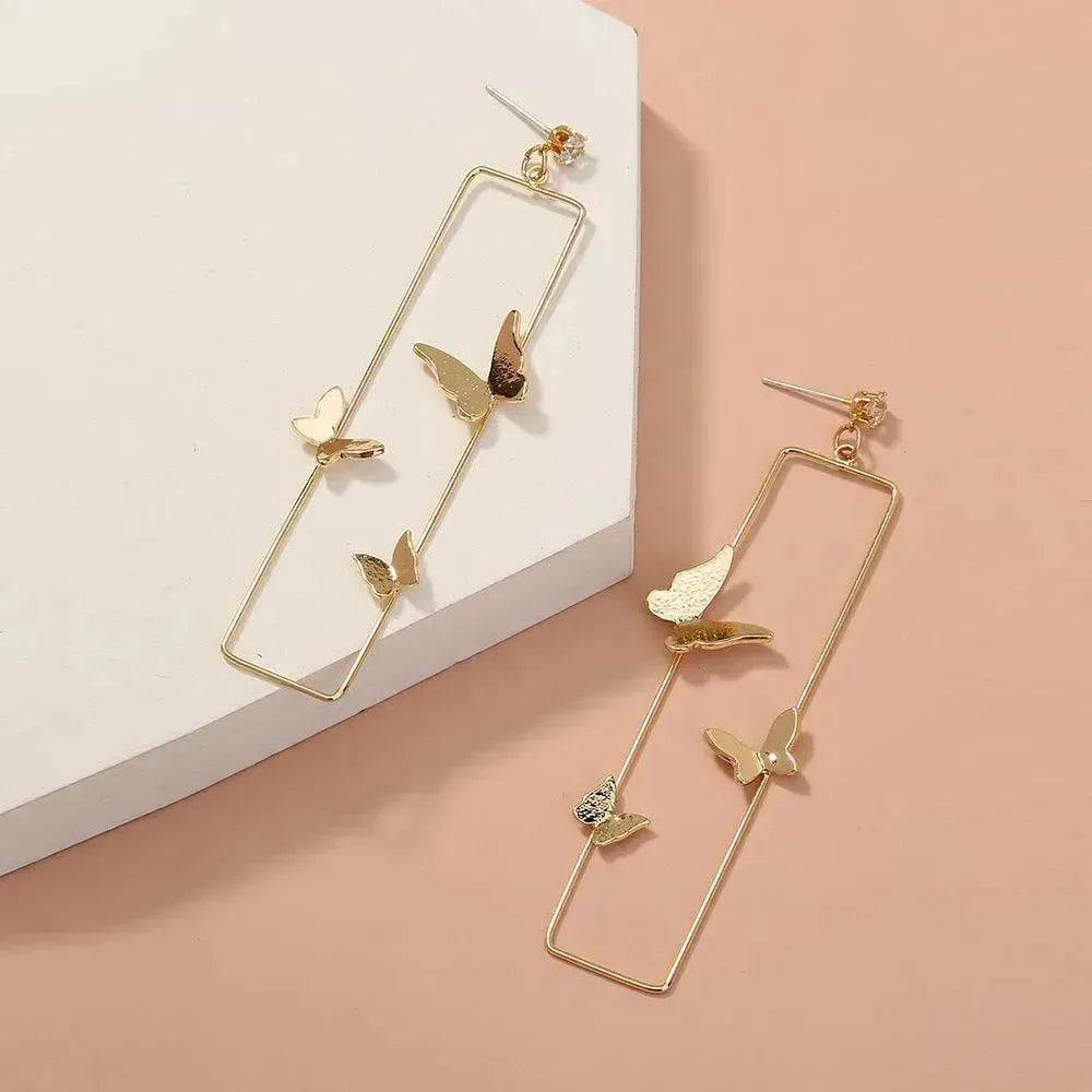 Long Geometric Metal Pop-up Butterfly Stud Drop Earrings - Velora