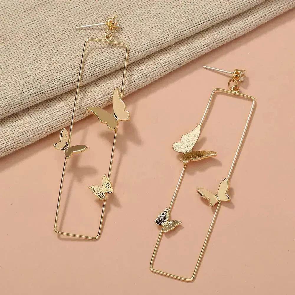 Long Geometric Metal Pop-up Butterfly Stud Drop Earrings - Velora