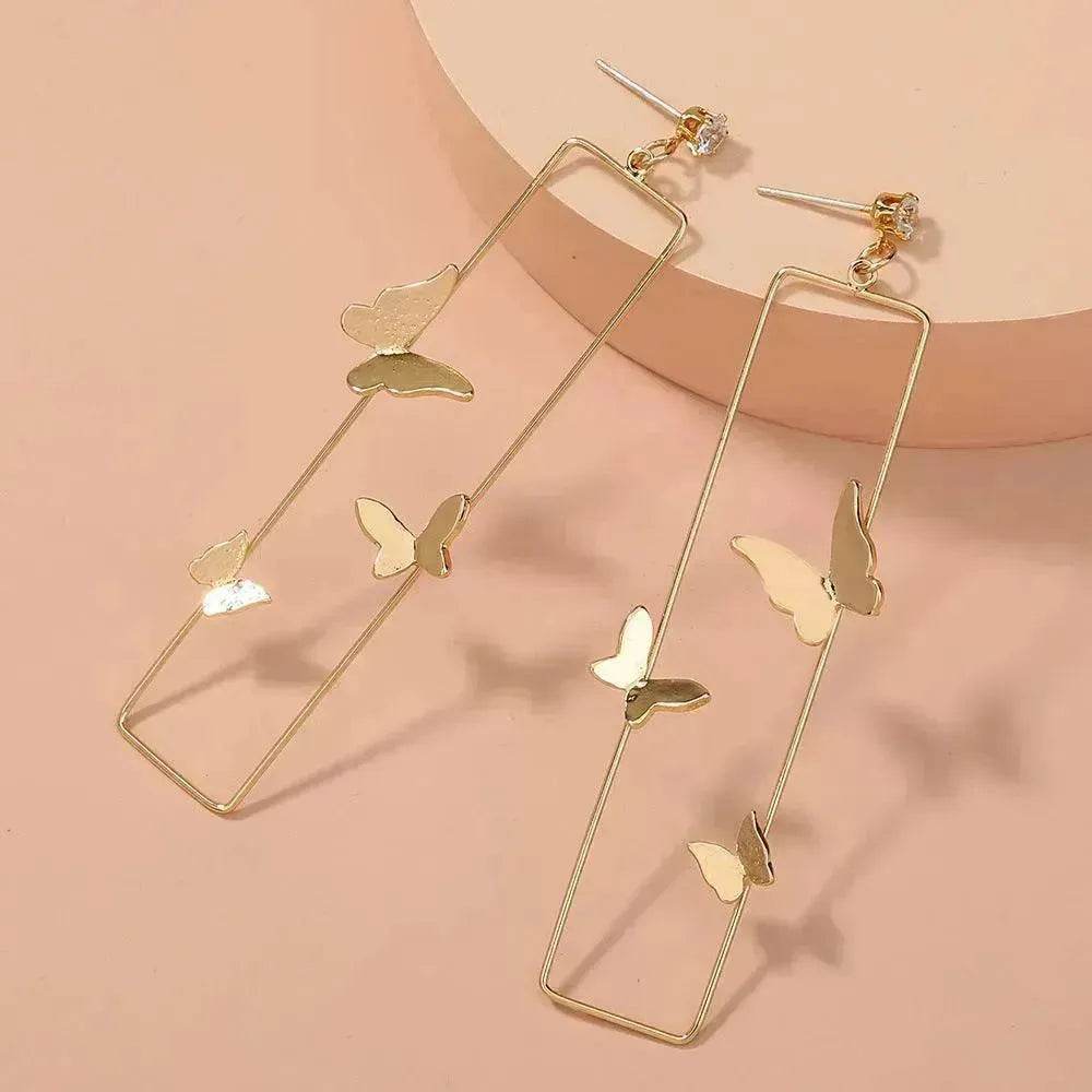 Long Geometric Metal Pop-up Butterfly Stud Drop Earrings - Velora