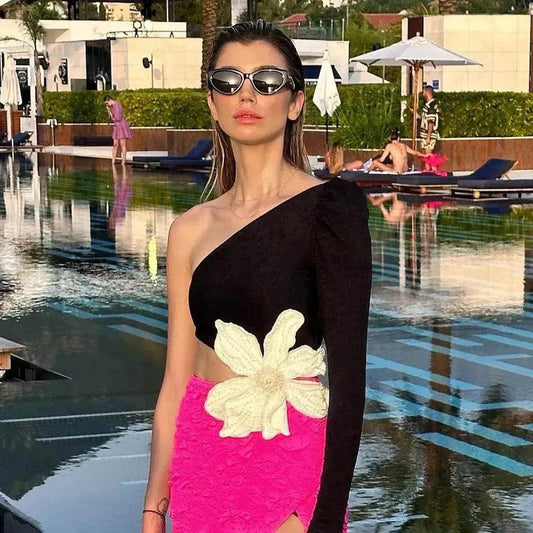 Long Sleeve Rose Red Color Matching Beaded Flower One-shoulder Dress - Velora