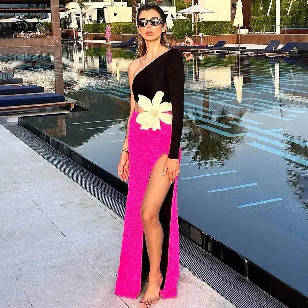 Long Sleeve Rose Red Color Matching Beaded Flower One-shoulder Dress - Velora