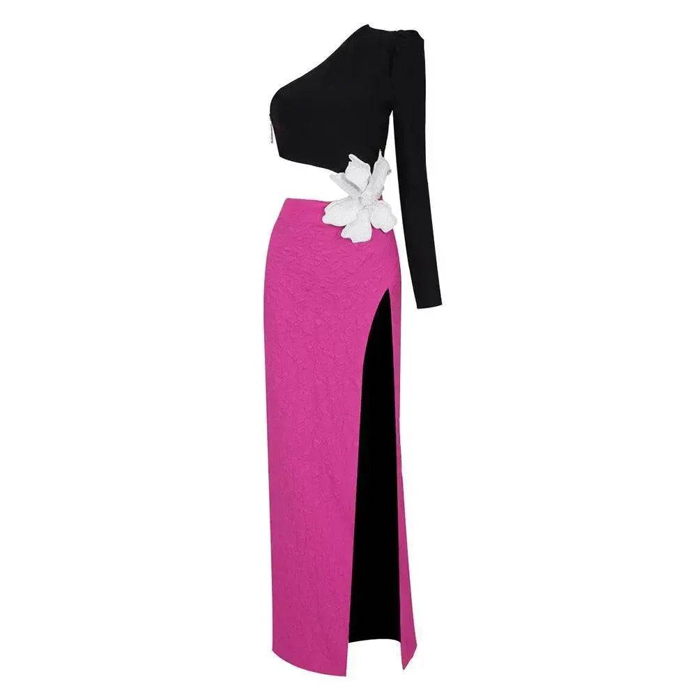Long Sleeve Rose Red Color Matching Beaded Flower One-shoulder Dress - Velora