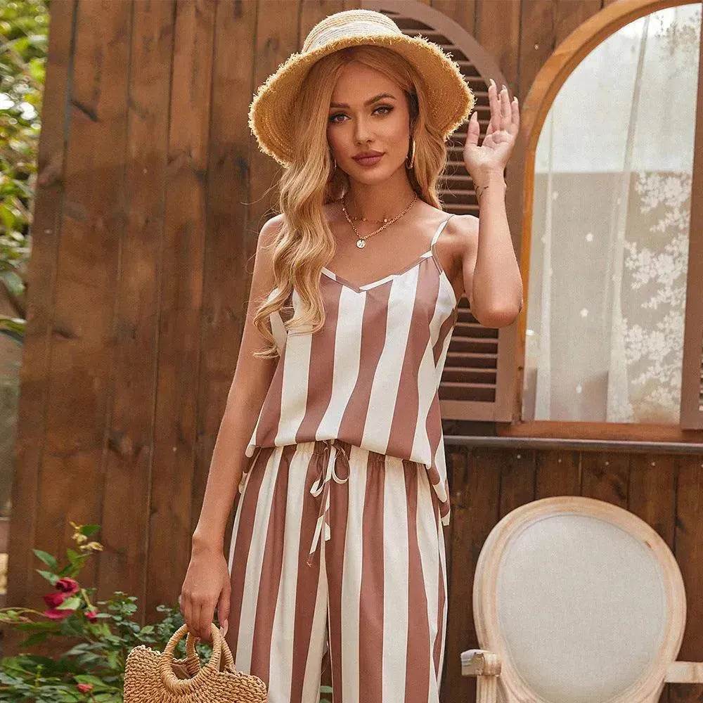 Loose Homewear Striped Small Sling Trousers Woven Suit Women - Velora