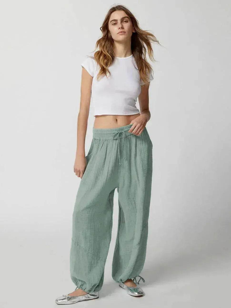 Loose Wide Leg Pants Women Drawstring Leggings Trousers - Velora