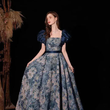 Luxurious Princess Court Oil Painting Style Tube Top Blue Evening Dress Bowl Gown