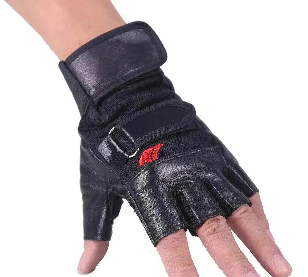 Men's PU Leather Motorcycle Riding Weight Lifting Gym Workout Outdoor Fingerless Glove - Velora