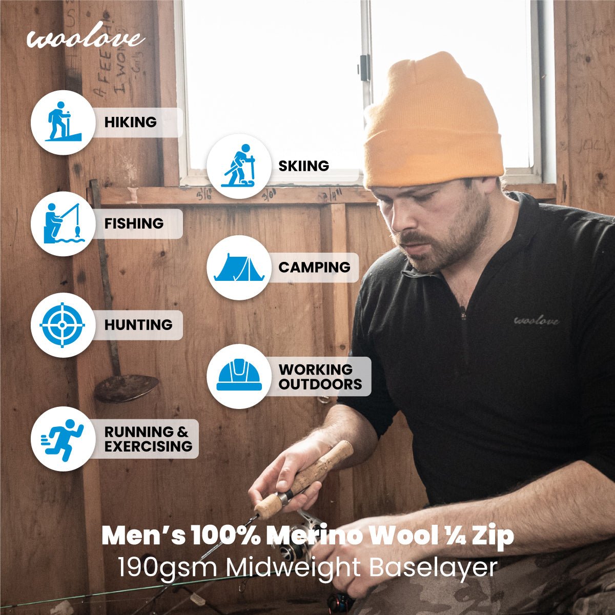 Men's 100% Merino Wool 1/4 Zip Baselayer Pullover 190 GSM - Midweight - Velora