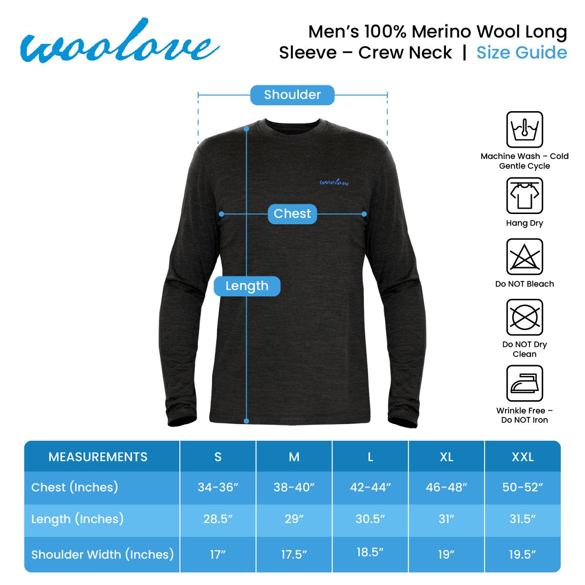 Men's 100% Merino Wool Long Sleeve Crew Neck Shirt 190 GSM - Velora