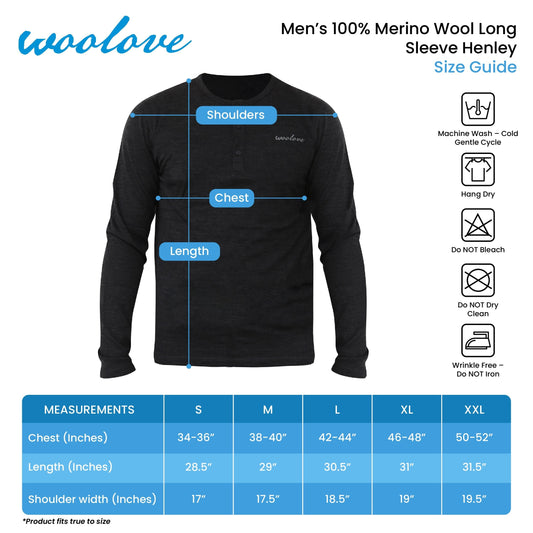 Men's 100% Merino Wool Long Sleeve Henley 190 GSM - Velora