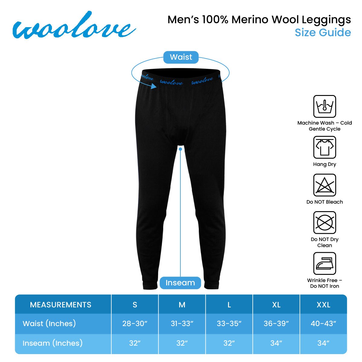 Men's 100% Merino Wool Long Underwear Base Layer Leggings 190 GSM - Midweight - Velora