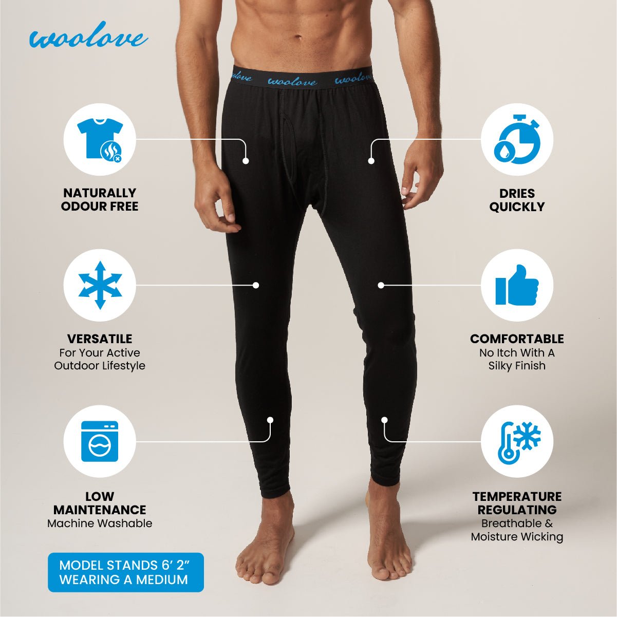 Men's 100% Merino Wool Long Underwear Base Layer Leggings 190 GSM - Midweight - Velora