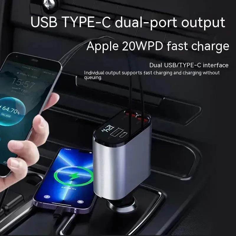 100W Metal Car Charger – Super Fast USB & Type-C Adapter with Retractable Cable
