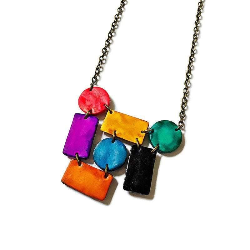 Multi-Shape Statement Necklace, Polymer Clay Bib Painted with Alcohol Ink - Velora Luxury Fashion