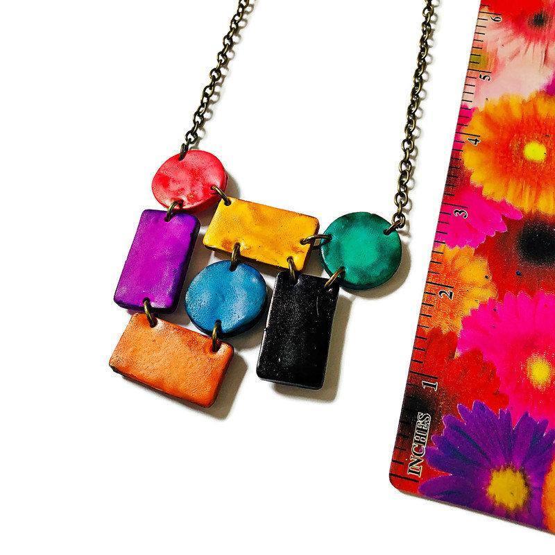 Multi-Shape Statement Necklace, Polymer Clay Bib Painted with Alcohol Ink - Velora Luxury Fashion