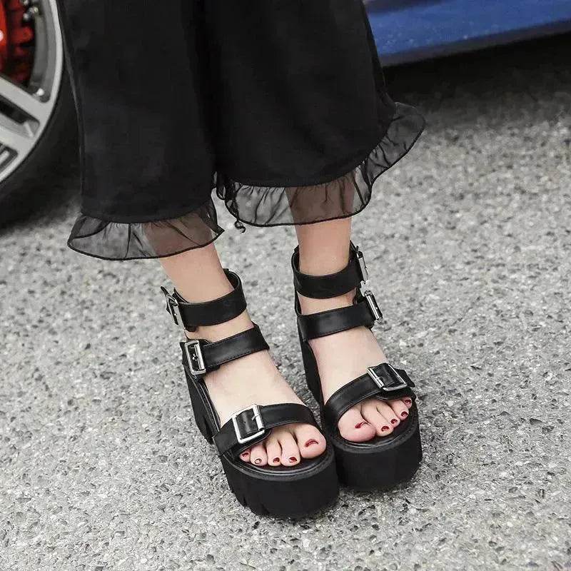 New Summer Roman Style European and American Ladies Ankle buckle Leather High Heel Wedge Black sandals . - Velora