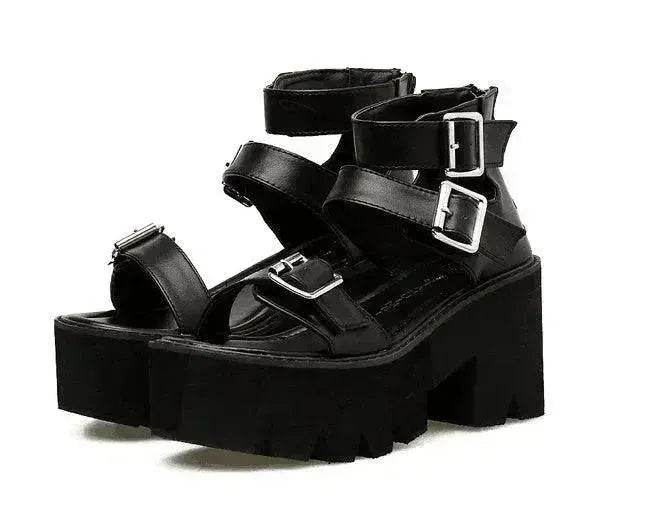 New Summer Roman Style European and American Ladies Ankle buckle Leather High Heel Wedge Black sandals . - Velora
