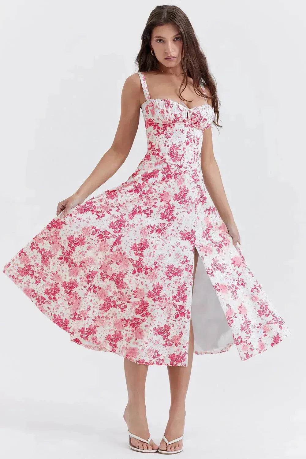 New Spring Summer Floral Midi Dress Spaghetti Strap Slit Midi Flared Gown - Velora
