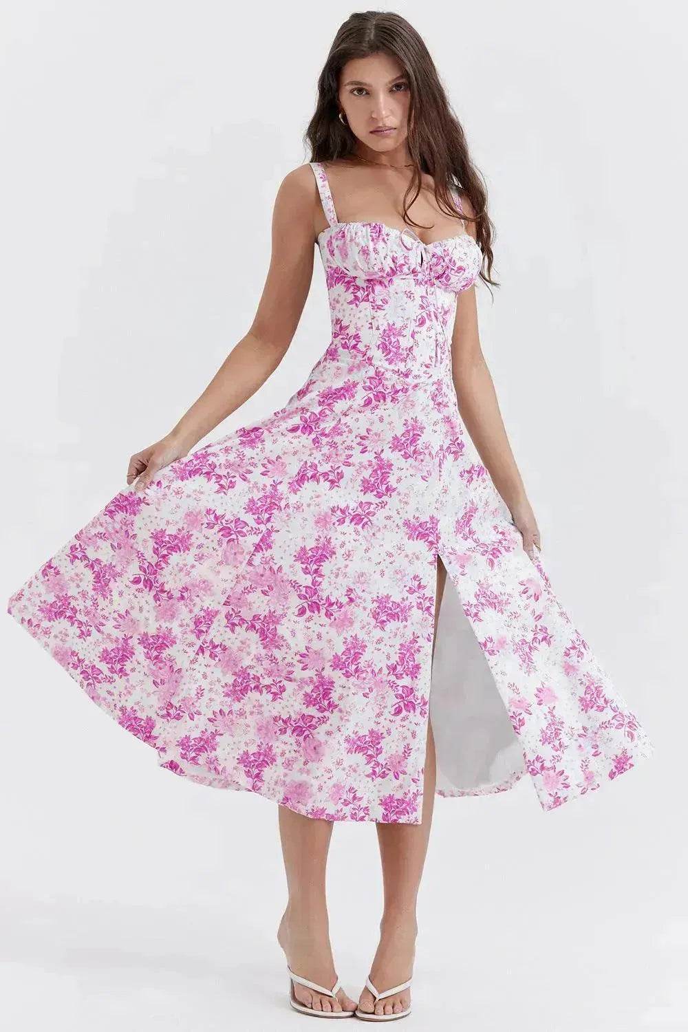 New Spring Summer Floral Midi Dress Spaghetti Strap Slit Midi Flared Gown - Velora