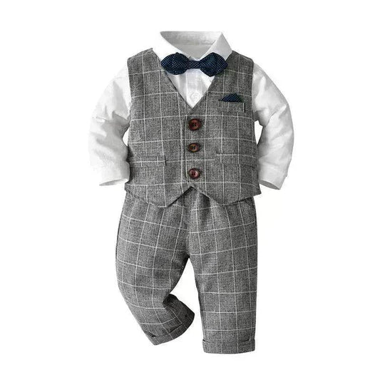 Newborn Baby Boy Gentleman Tuxedo Bow Tie Single-breasted Vest Long Sleeve Children Clothing - Velora