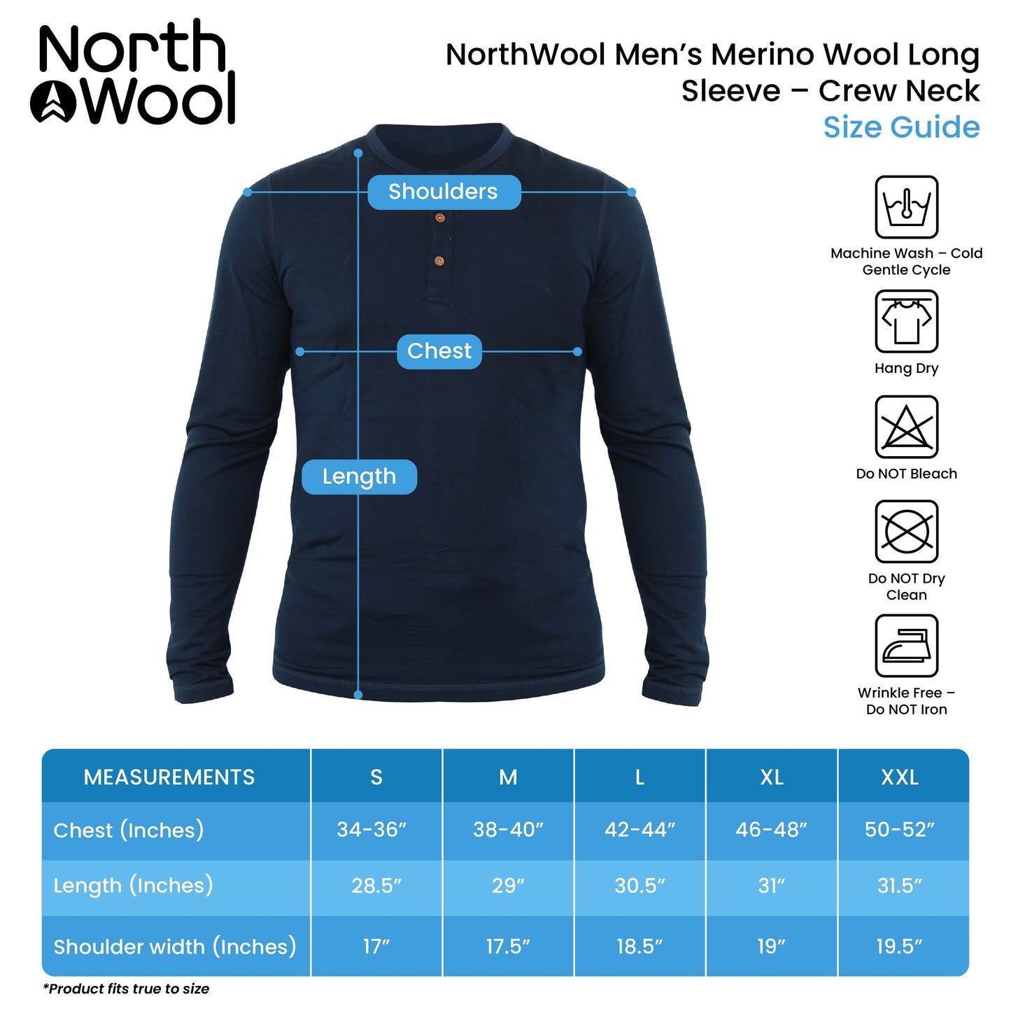 NorthWool Men's Merino Wool Long Sleeve Henley Base Layer Shirt 260 GSM - Velora