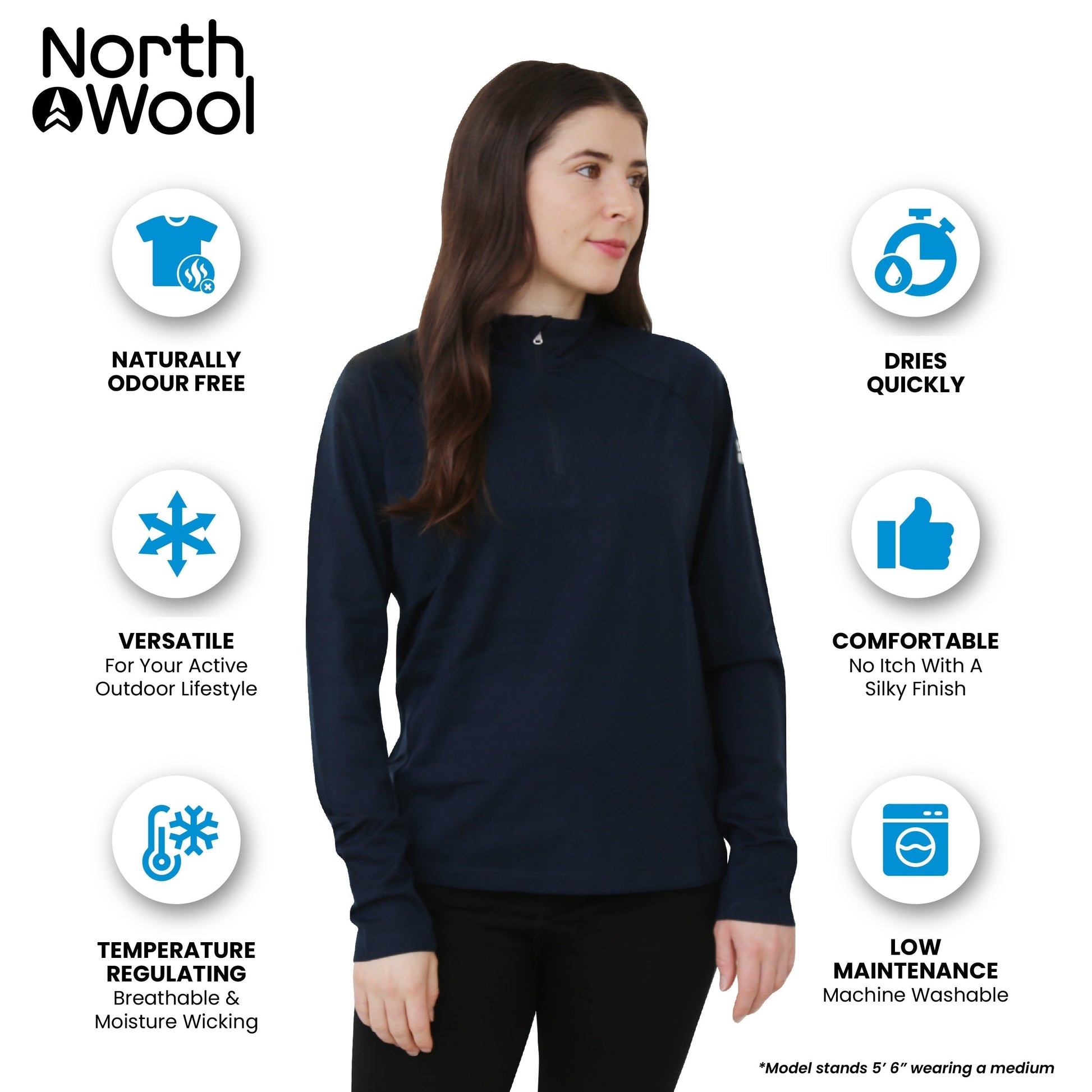 NorthWool Women's 100% Merino Wool 1/4 Zip Baselayer Pullover Sweater 260 GSM - Velora