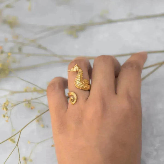 Ocean 18K Gold Stainless Steel Seahorse Opening Ring for Women - Velora