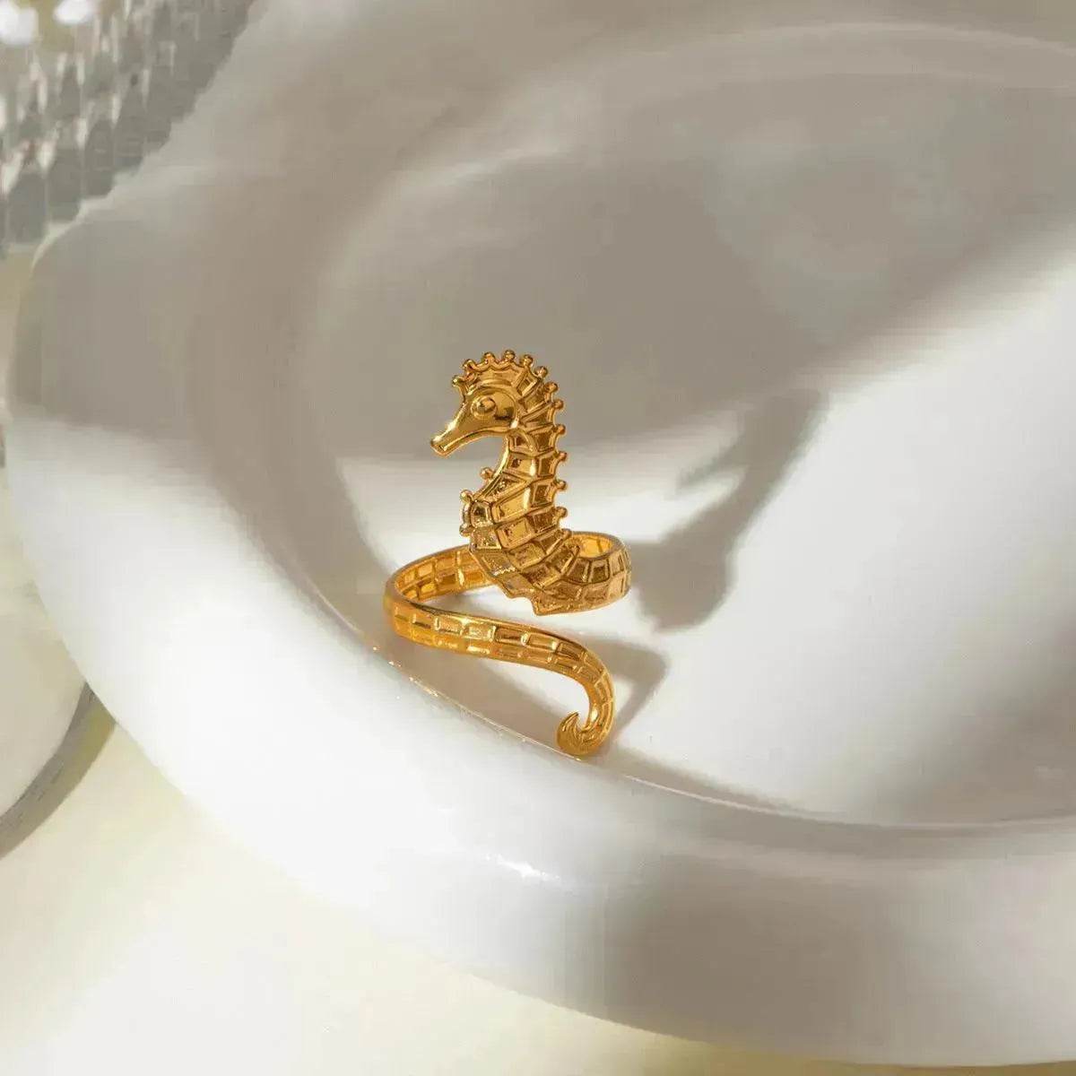 Ocean 18K Gold Stainless Steel Seahorse Opening Ring for Women - Velora