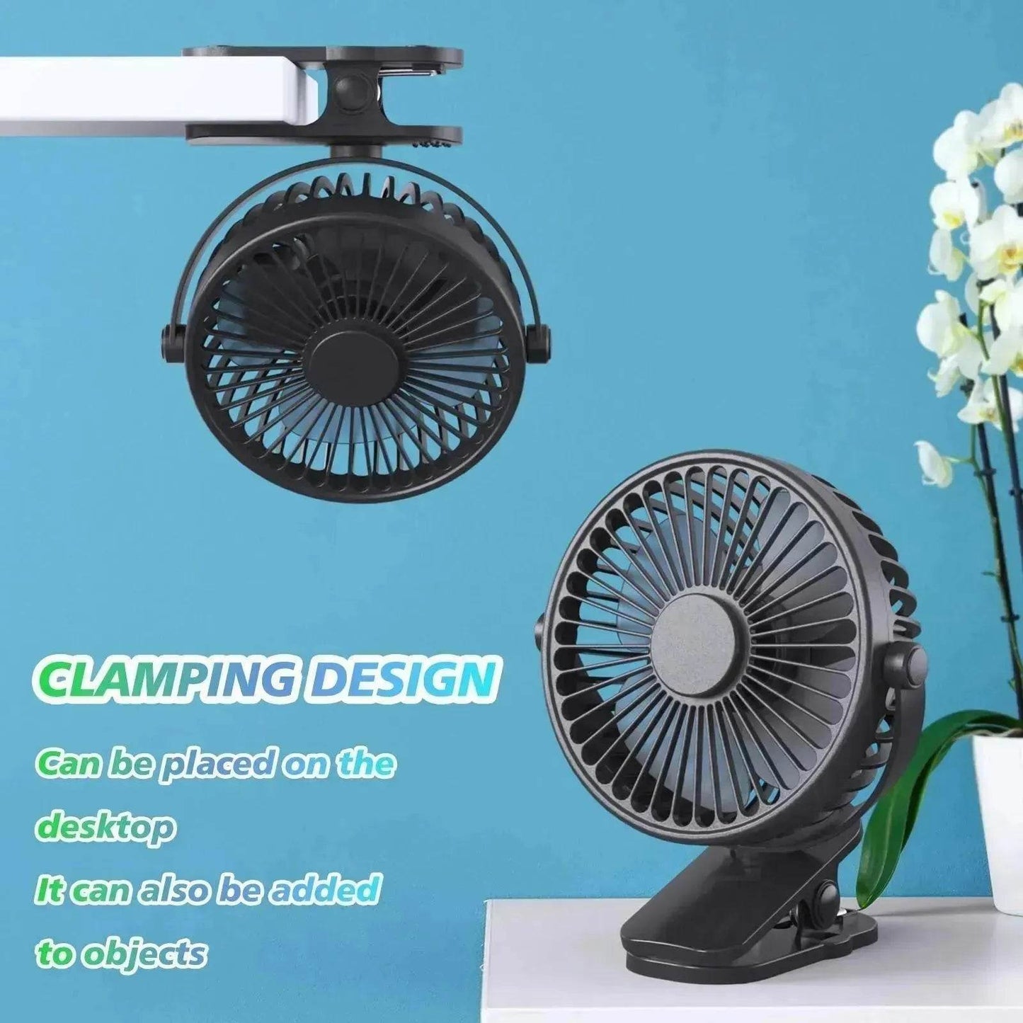 Portable Clip On Fan Battery Operated, Small Powerful USB Desk Fan, 3 Speed Quiet Rechargeable Mini Table Fan, 360 Rotate Cooling Fan For Home Office Travel Outdoor&Indoor Treadmill - Velora