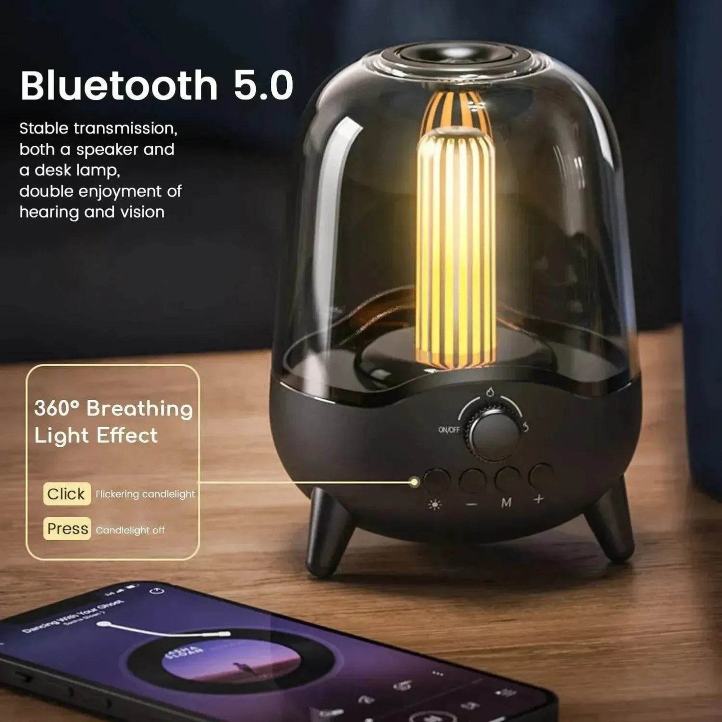 Portable Wireless Bluetooth 5.0 Speaker Flickering Ambient Light Speakers Table Lamp Stereo Sound Indoor Outdoor Night Lights - Velora