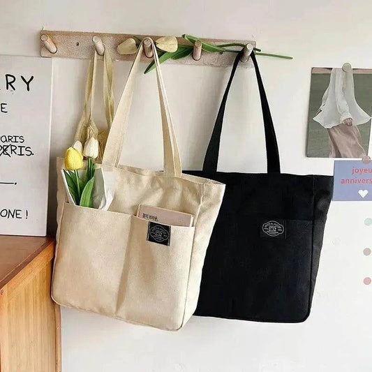 Preppy Style Canvas Handbags Women's Solid Color Simple Large Capacity Daily Shoulder Bag Multiple Pockets Shopping Bags Girls Students Tote Handbag. - Velora