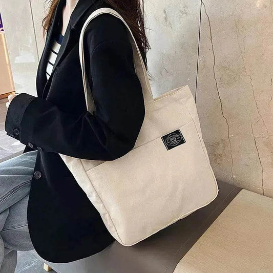 Preppy Style Canvas Handbags Women's Solid Color Simple Large Capacity Daily Shoulder Bag Multiple Pockets Shopping Bags Girls Students Tote Handbag. - Velora