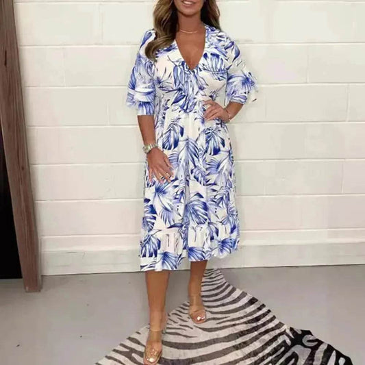 Printed Casual V-neck Long-sleeve Dress Women - Velora
