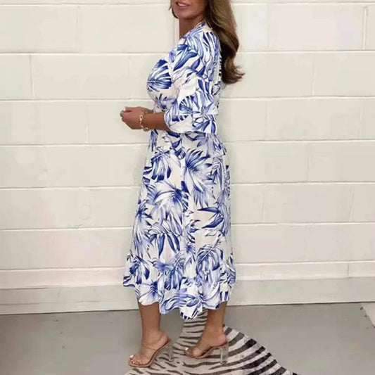 Printed Casual V-neck Long-sleeve Dress Women - Velora