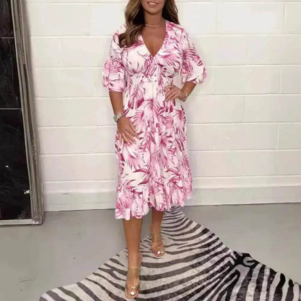 Printed Casual V-neck Long-sleeve Dress Women - Velora