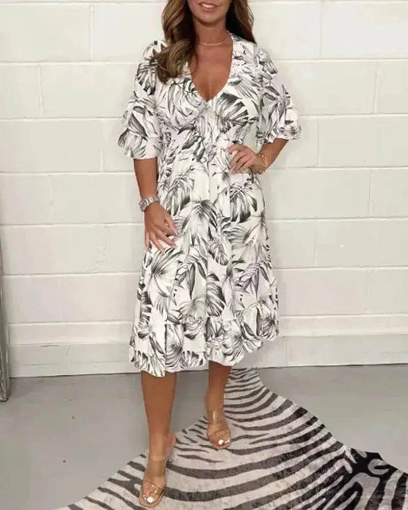 Printed Casual V-neck Long-sleeve Dress Women - Velora