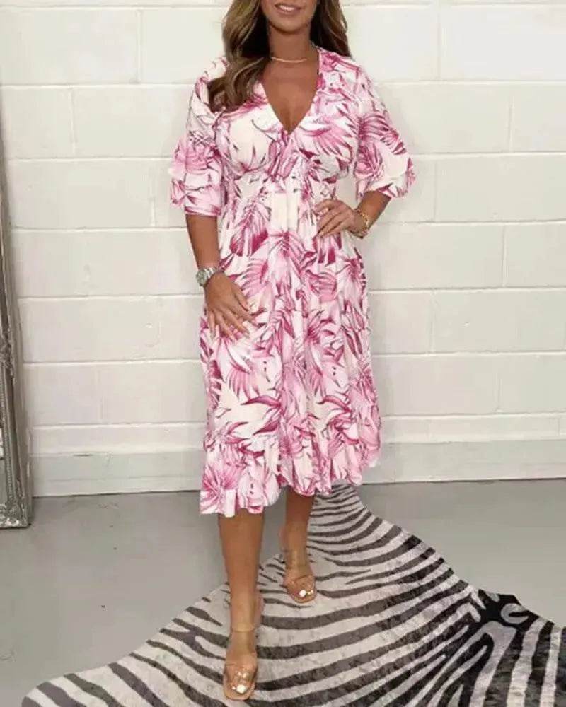 Printed Casual V-neck Long-sleeve Dress Women - Velora