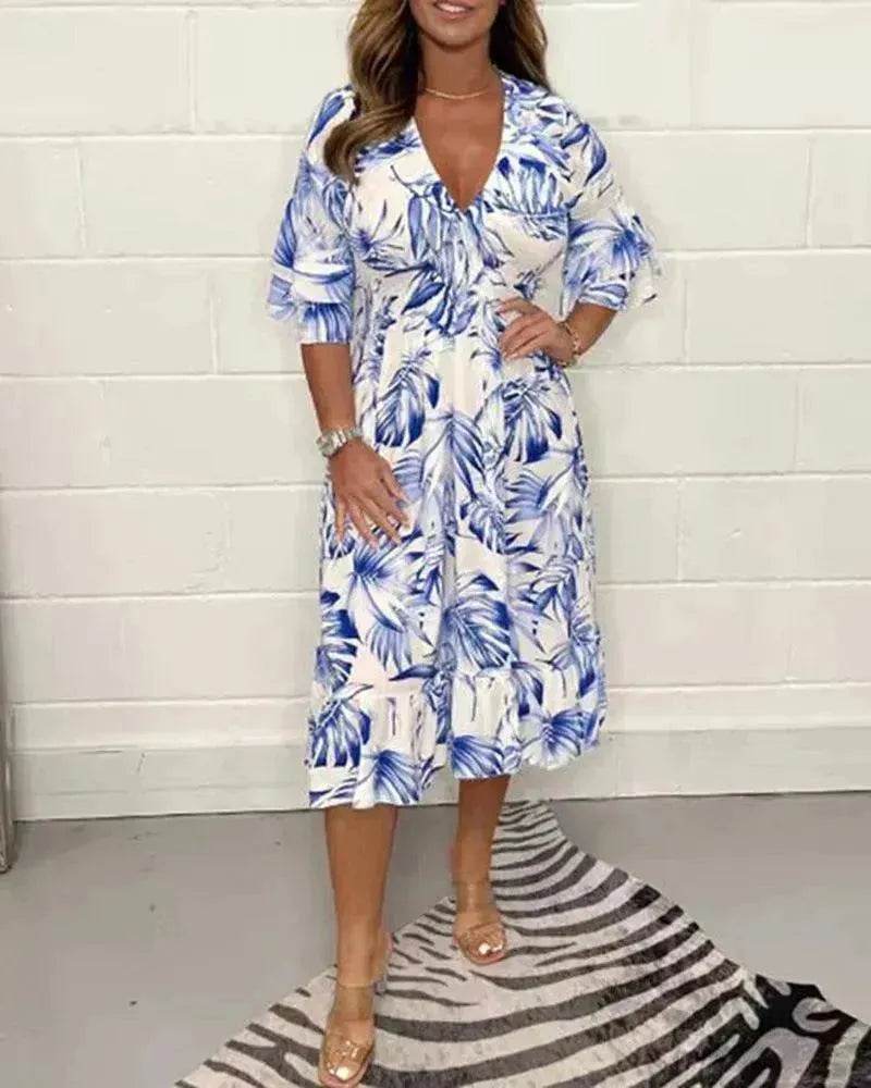 Printed Casual V-neck Long-sleeve Dress Women - Velora